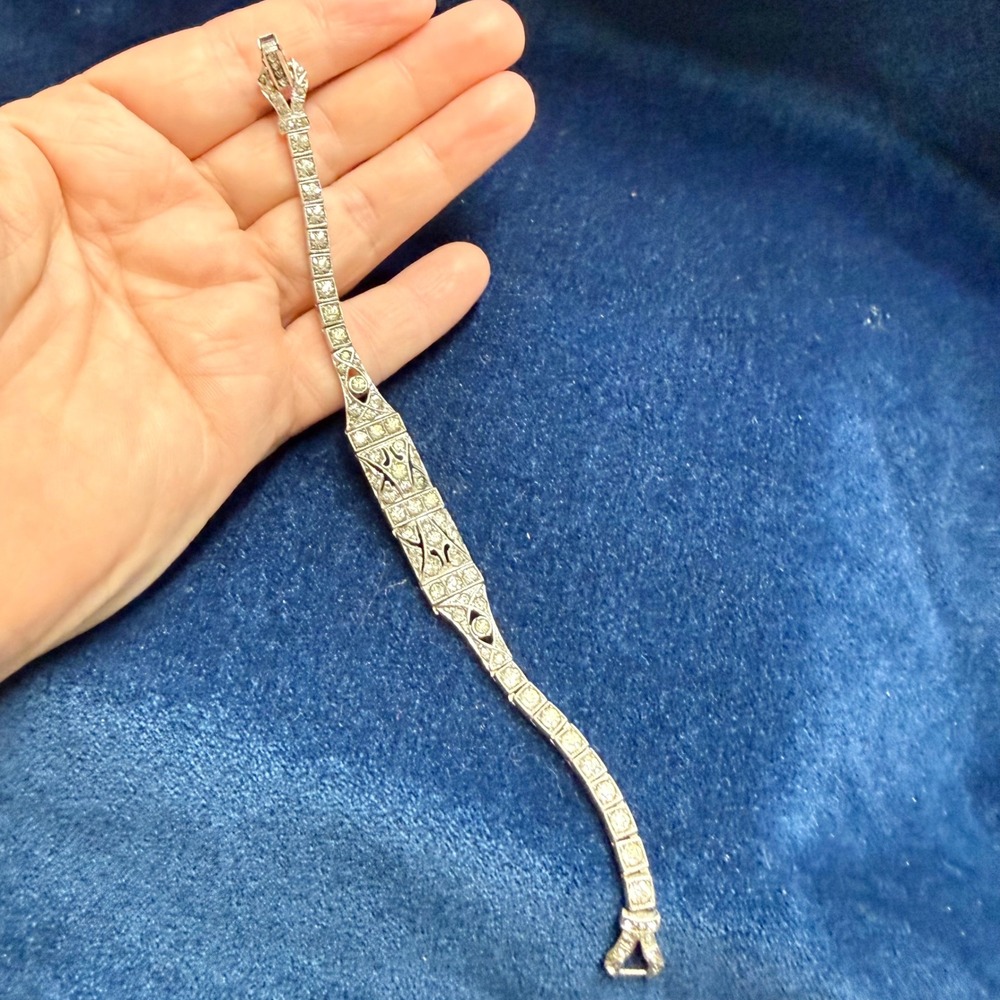 VTG 30s Otis Art Deco Sterling Silver Diamanté Filigree Link Bracelet